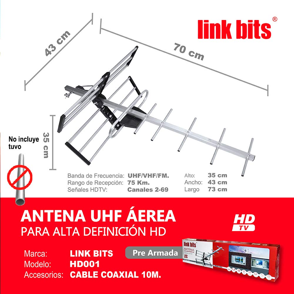LINK BITS HD001 Antena Exterior aérea HDTV de Largo Alcance, Alcance Amplificado, 12 Elementos, Alta definición, (fácil de Instalar).
