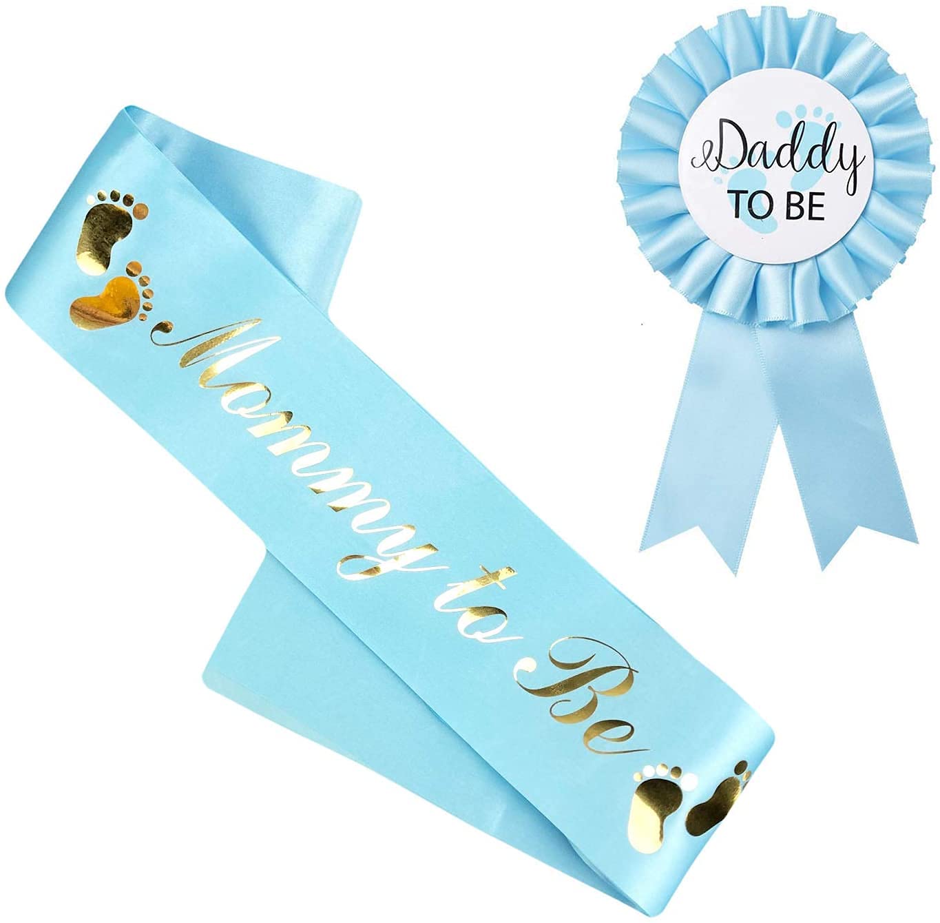 NEWHAPPYLAND - Decoración para baby boy shower, banda azul e insignia de hojalata para mamá para ser y papá para ser baby shower