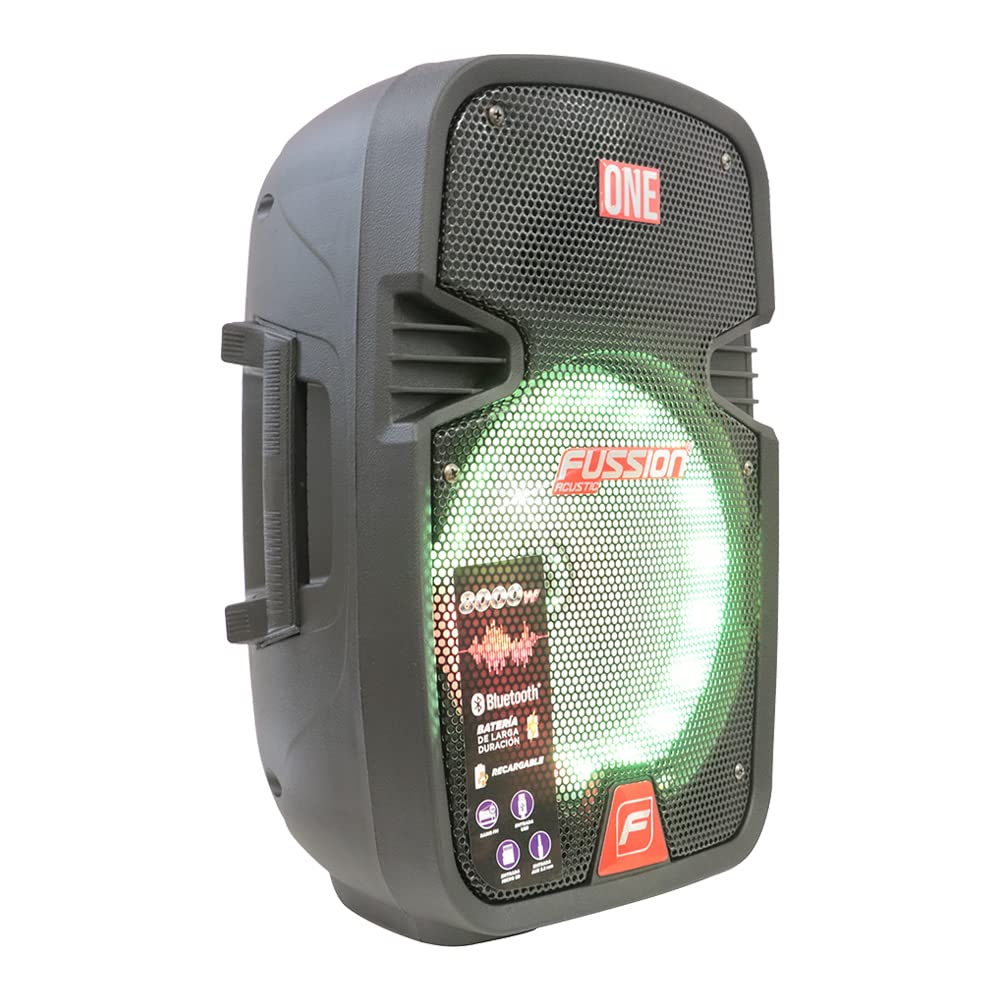 FUSSION ACUSTIC Bafle Recargable 8" PBS-8027 con Micrófono y Trípode | Bocina Bluetooth 8000W, LED Multicolor, USB, MicroSD y FM