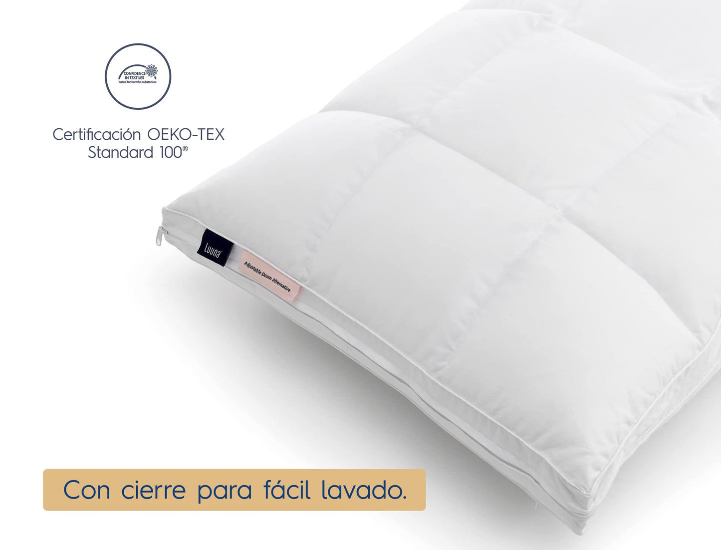 Luuna Almohada Ajustable Down Alternative, Funda 100% algodón, Alto Confort y Relleno Ajustable, Hipoalergénica y antiácaros, Blanco, King Size