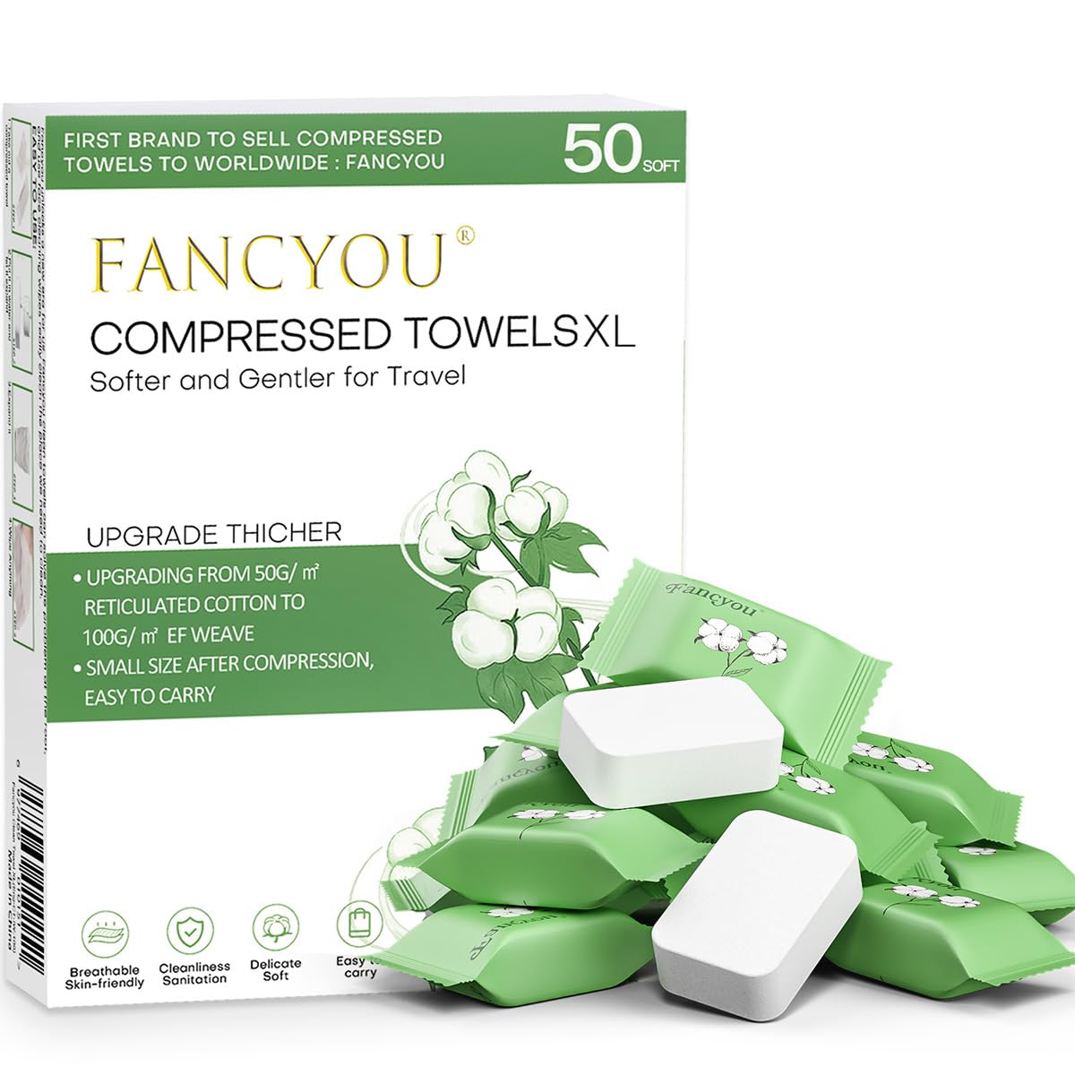 Fancyou Toallas Desmaquillantes Facial Desechables Comprimidas Grandes, Mini Paños Biodegradables para Toallitas Quitar Maquillaje Kit de Viaje para Travel Essentials,Belleza Salón(50 Unidad Verde)