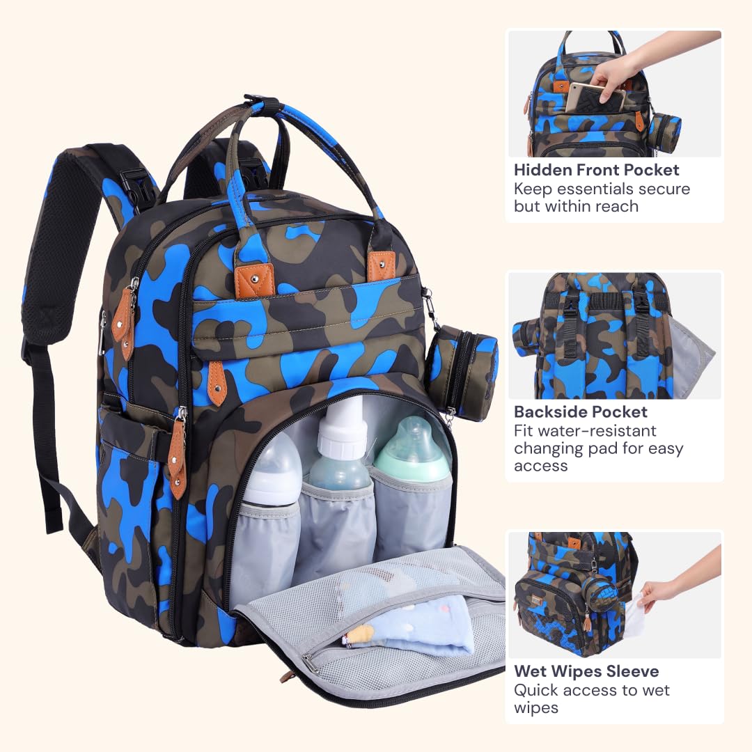 BabbleRoo Mochila de Pañales de Cuero - Bolsa de Viaje para Bebé con Artículos Esenciales, Multifunción, con Almohadilla Cambiadora, Correas para Carriola y Estuche para Chupete – Unisex, Negro