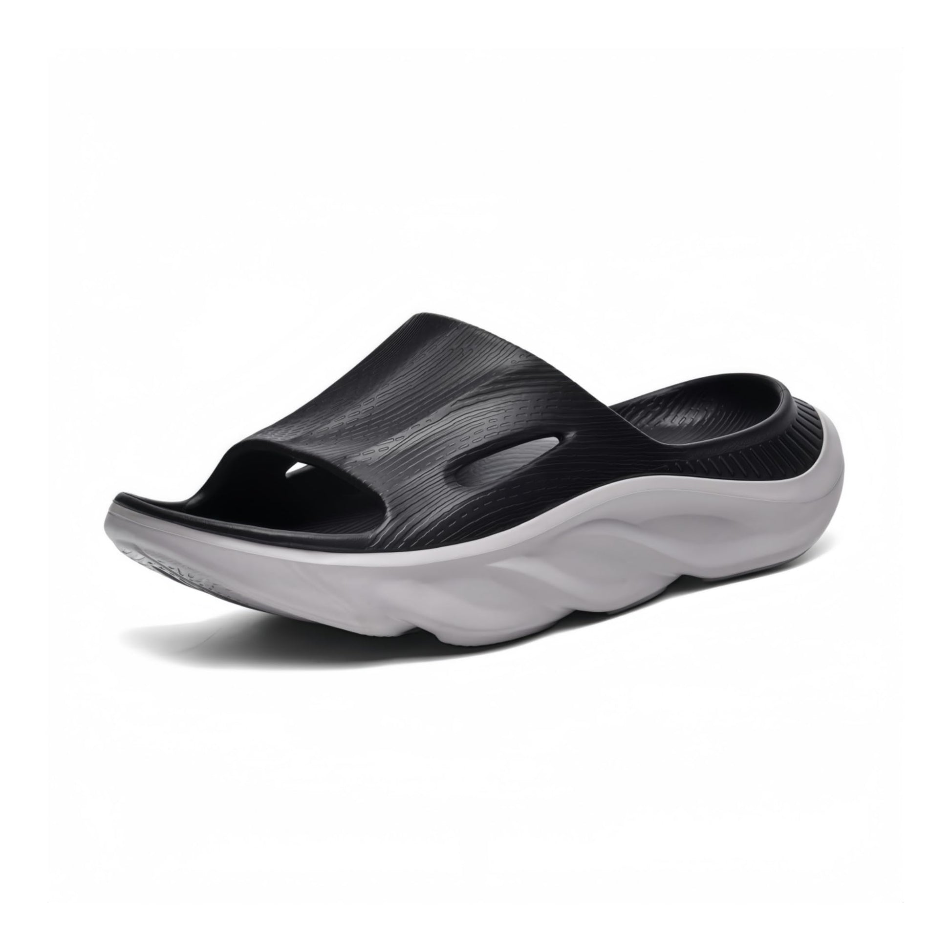 AnyuTech Sandalias de recuperación con soporte de arco, ortopédicas de cojín grueso para mujer, para fascitis plantar, ligeras, cómodas, para hombre, para interiores y exteriores, Negro Gris, 25.5 cm