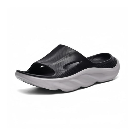 AnyuTech Sandalias de recuperación con soporte de arco, ortopédicas de cojín grueso para mujer, para fascitis plantar, ligeras, cómodas, para hombre, para interiores y exteriores, Negro Gris, 25.5 cm