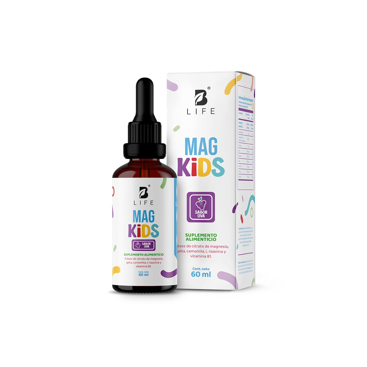 Citrato de Magnesio de 60 ml. 2 meses de consumo. Adicionado con Teanina, Vitamina B1 y Gaba para niños. Sabor Uva. Kids Mag. B Life.