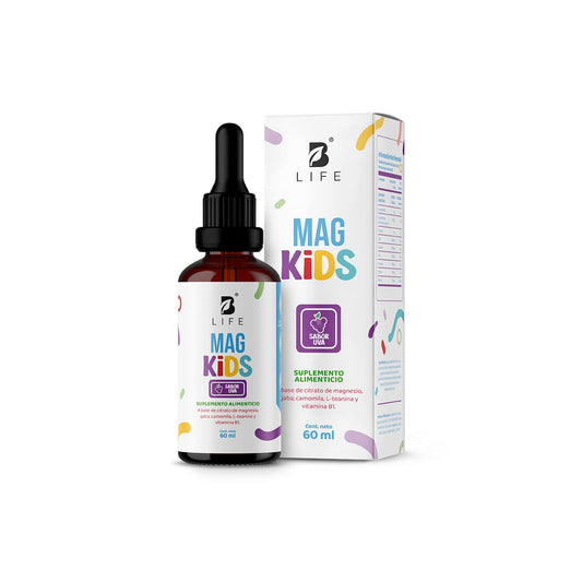 Citrato de Magnesio de 60 ml. 2 meses de consumo. Adicionado con Teanina, Vitamina B1 y Gaba para niños. Sabor Uva. Kids Mag. B Life.