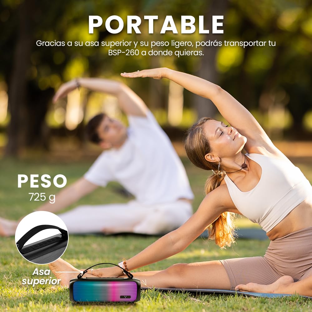 Bocina Bluetooth Vorago BSP-260 Negra con Luces RGB y Asa Portátil