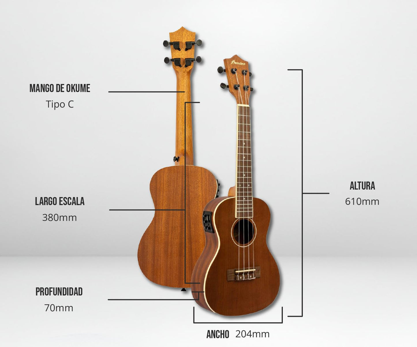 BAMBOO, Ukulele Concierto Electroacústico, madera Sapele, 23 pulgadas, Funda Acolchada, Equalizador con Afinador.
