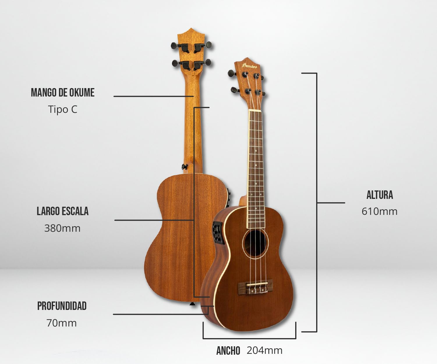 BAMBOO, Ukulele Concierto Electroacústico, madera Sapele, 23 pulgadas, Funda Acolchada, Equalizador con Afinador.