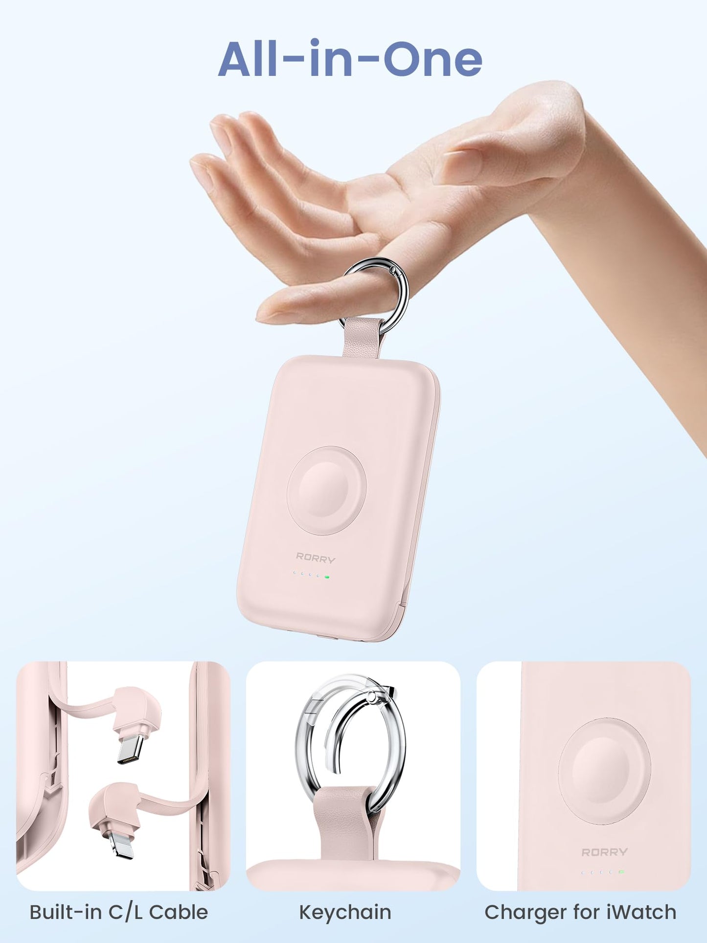 Power Bank RORRY Rosa 10000mAh Bateria Recargable con Cables Integrados para iPhone y Apple Watch