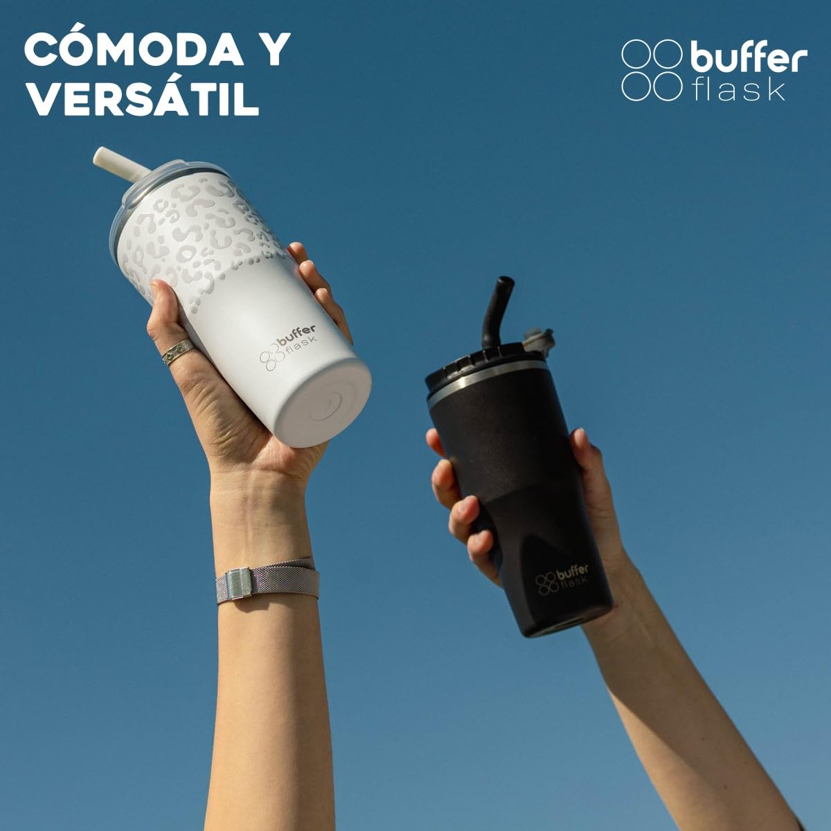 Buffer Flask - Vaso Térmico 600 ml - Termo para Café y Agua de Acero Inoxidable - Tapa Anti Derrame y Fugas - Taza Tumbler Mug para Bebidas Frías y Calientes - Incluye Popote - Color Negro