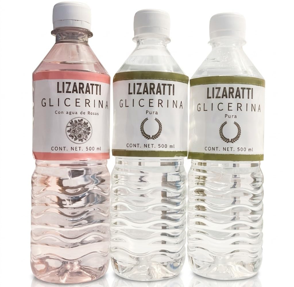 Tripack Glicerina Lizaratti 500ml (2 Naturales + 1 Agua de Rosas) – Humectante Grado Cosmético para Piel y Cabello | Ideal para Jabones Artesanales, Mascarillas y Cuidado Diario