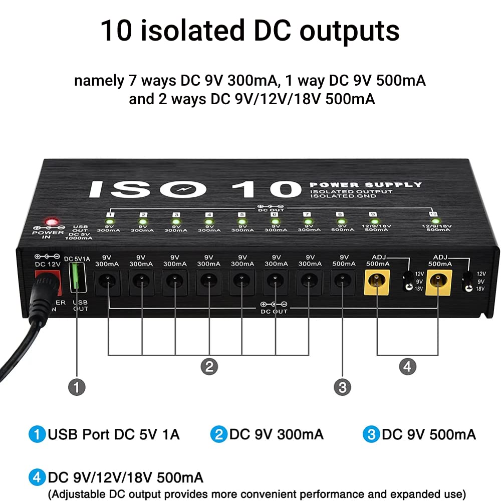 Fuente de Alimentación para Pedal de Guitarra LiebeWH, 10 Pedales de Guitarra de Salida Aislada, Potencia de Pedal de Efecto de Guitarra Múltiple con 2 Voltajes Ajustables(US Plug 100‑240V)