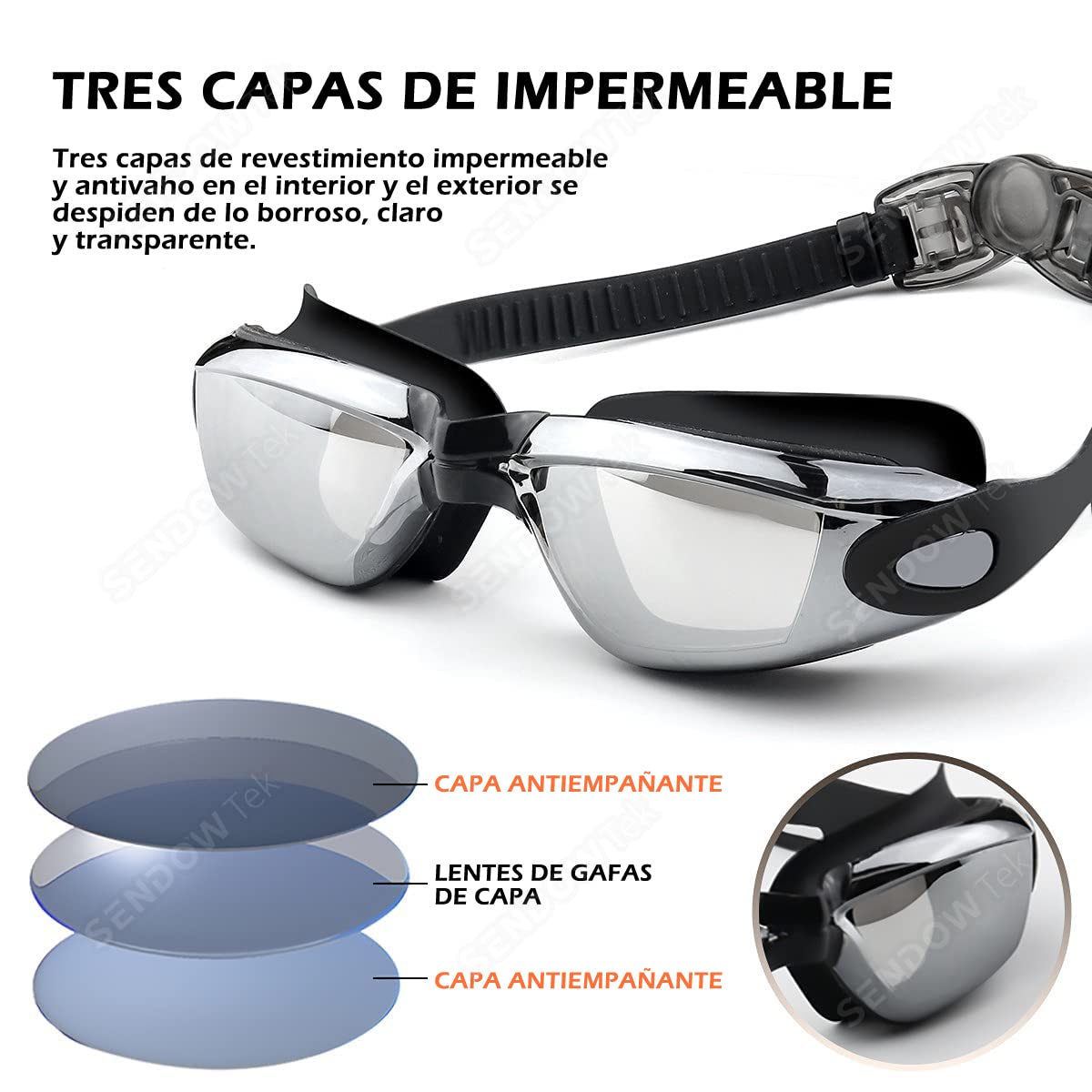 Gafas de Natación Sendowtek UV 5 en 1 con Gorro, Auriculares y Bolsa para Hombres, Mujeres y Niños