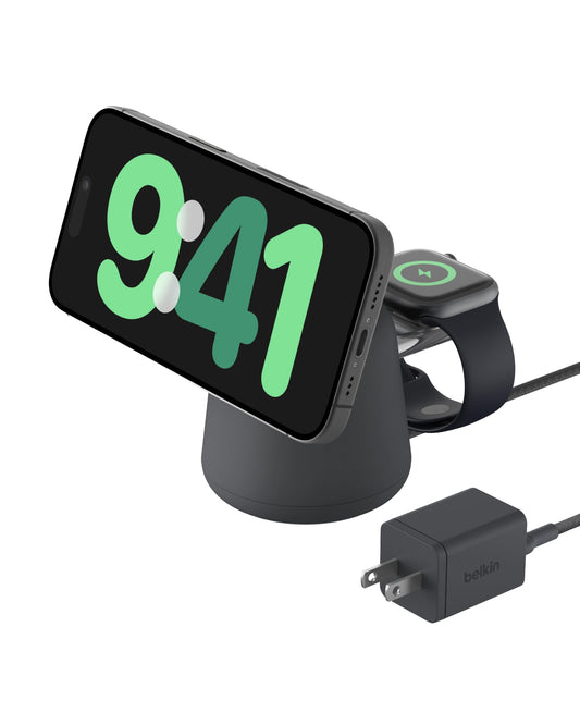 Belkin MagSafe 2 en 1 Base de Carga inalámbrica MagSafe 15W Cargador de iPhone de Carga rápida Compatible con iPhone 12 en adelante, AirPods y Apple Watch