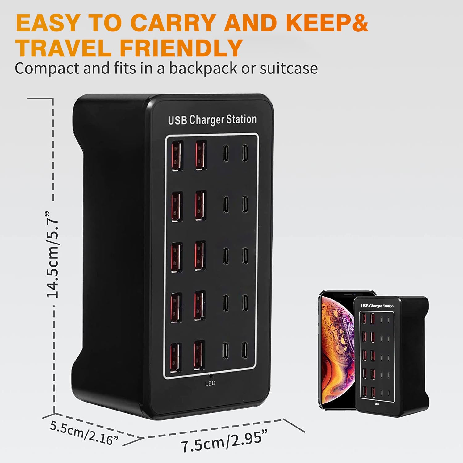 Bloque de cargador USB C de 100 W, estación de carga USB C, 20 puertos (20 A), hub de carga múltiple de computadora de 10 puertos, cargador USB compatible con Apple iPhone, iPad, Samsung, Pixel,