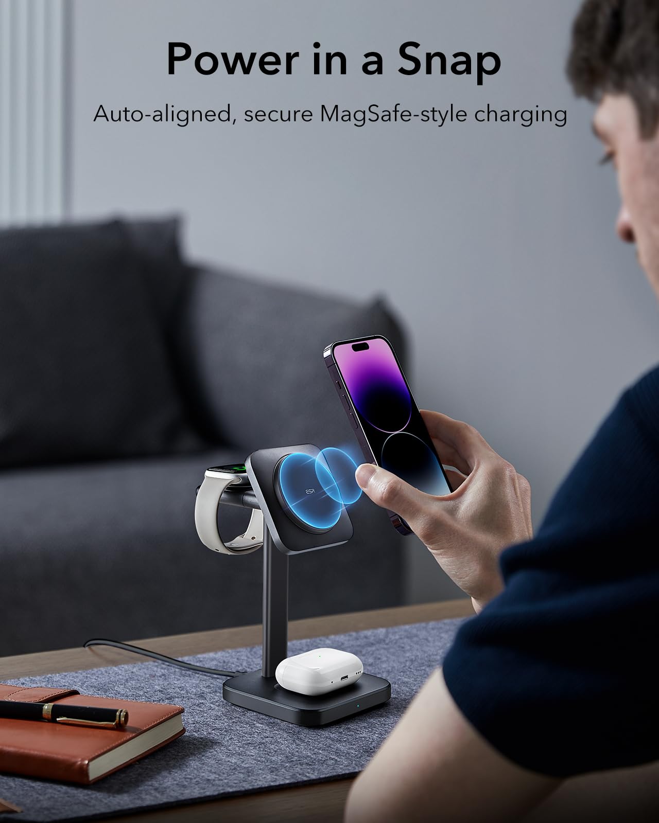 ESR Estación de carga inalámbrica 3 en 1 para Apple [certificado] Cargador portátil Apple Watch y soporte de cargador MagSafe, cargador inalámbrico para múltiples dispositivos iPhone 17/16/15/14/13/12