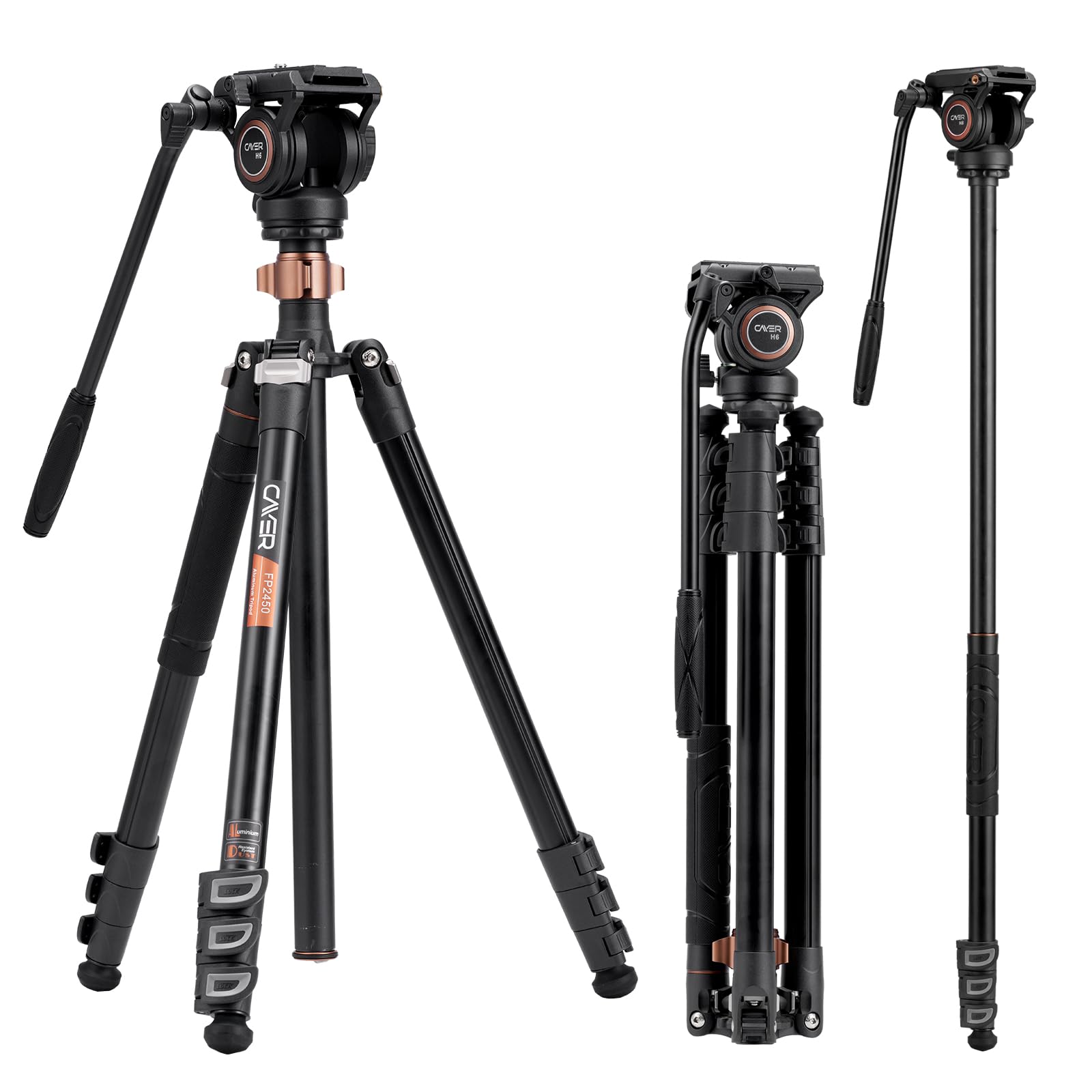 Cayer Trípode de Video de Aluminio de 191 cm Con Cabeza de Fluido y Monopié - Para Cámara DSLR, Capacidad de Carga de 6 kg - FP2450H6