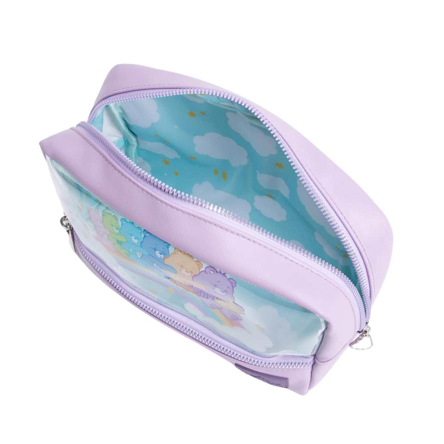 Impressions Vanity Care Bears - Bolsa de maquillaje con diseño de osos de característicos de arte, organizador de bolsas de maquillaje de viaje con ventana transparente de vinilo, dos compartimentos