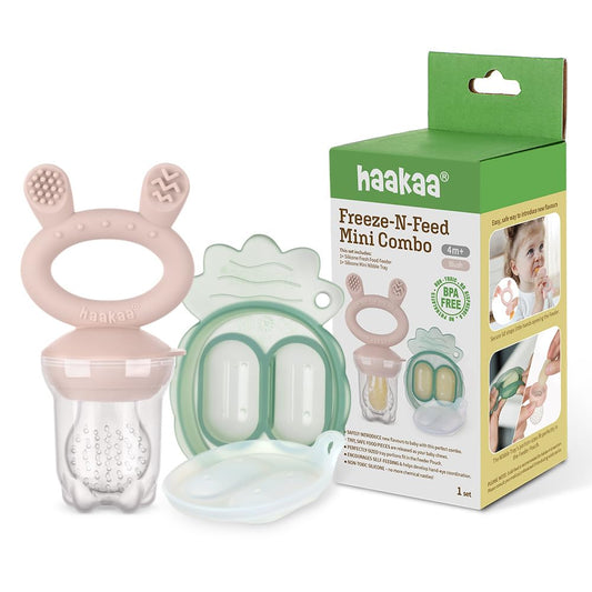 Haakaa Freeze-N-Feed Mini Combo con alimentador de alimentos de silicona y mini bandeja de silicona para picar | Alimentador de alimentos sólidos de autoalimentación para bebés | Molde para paletas de