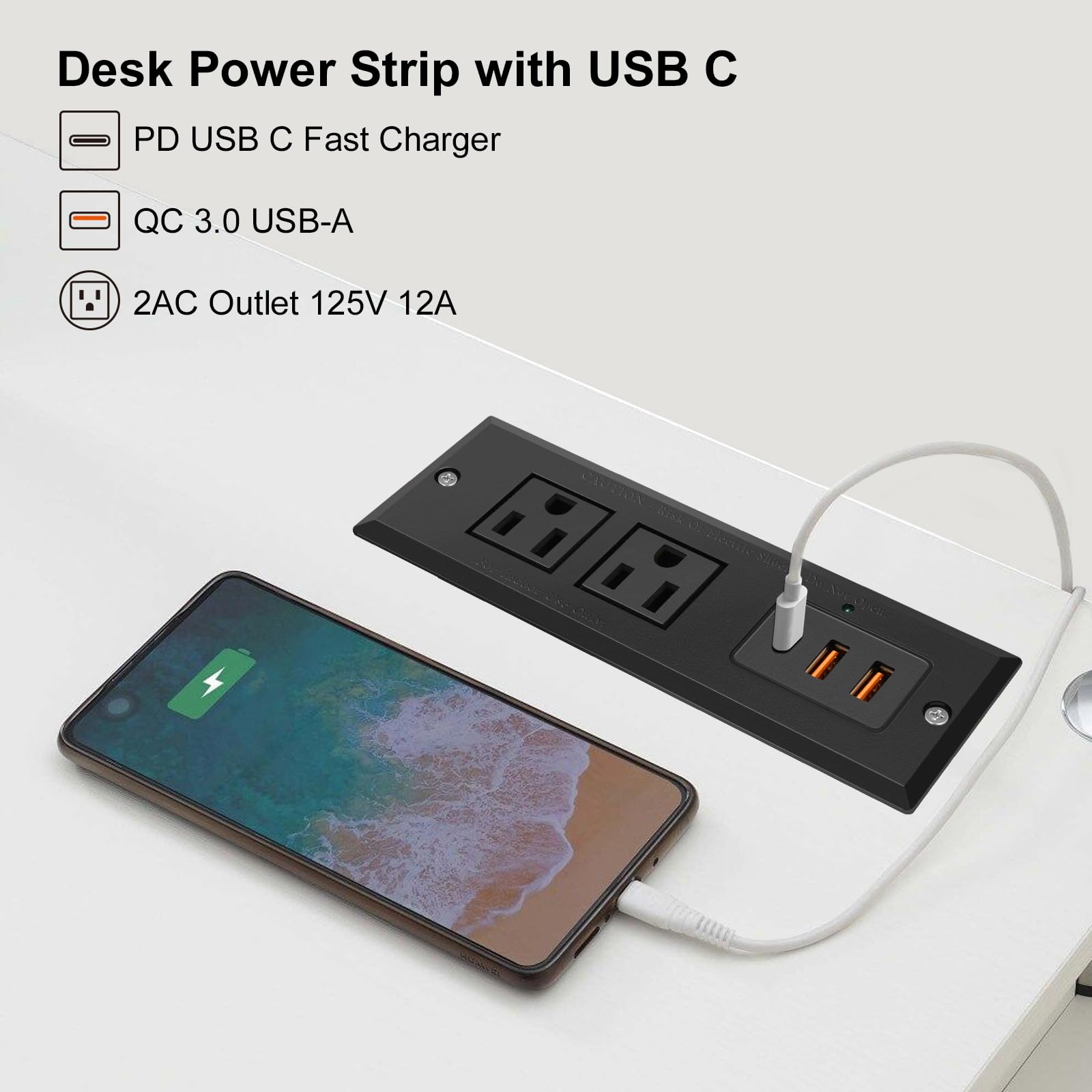 4 LEAF Regleta Multicontacto Escritorio USB C 20W PD Carga Rápida, Tira de Alimentación Empotrable Tipo C 2 Contactos 3 USB Muebles Outlet para Mesa Sofá Console Cajon Encimera 2 Metros Negro