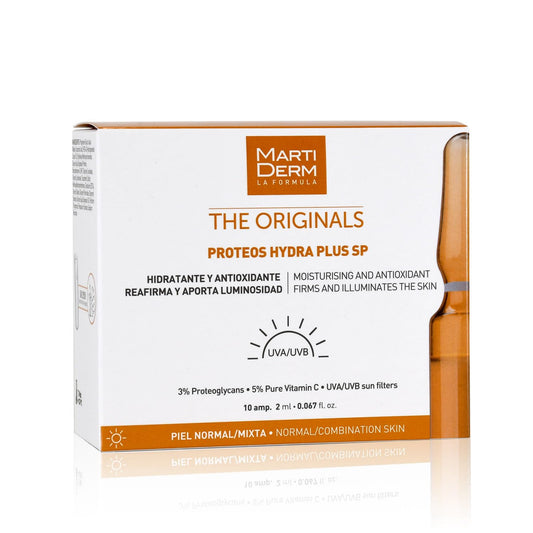 MartiDerm The Originals Proteos Hydra Plus SP Ampolletas faciales hidratantes y antioxidantes. Solución facial con Vitamina C Pura + Proteoglicanos + FPS - 10 ampolletas