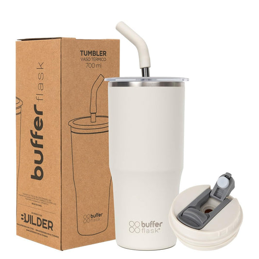 Buffer Flask - Vaso Térmico 700 ml - Termo para Café y Agua de Acero Inoxidable - Tapa Anti Derrame y Fugas - Taza Tumbler Mug para Bebidas Frías y Calientes - Incluye Popote - Color Ivory