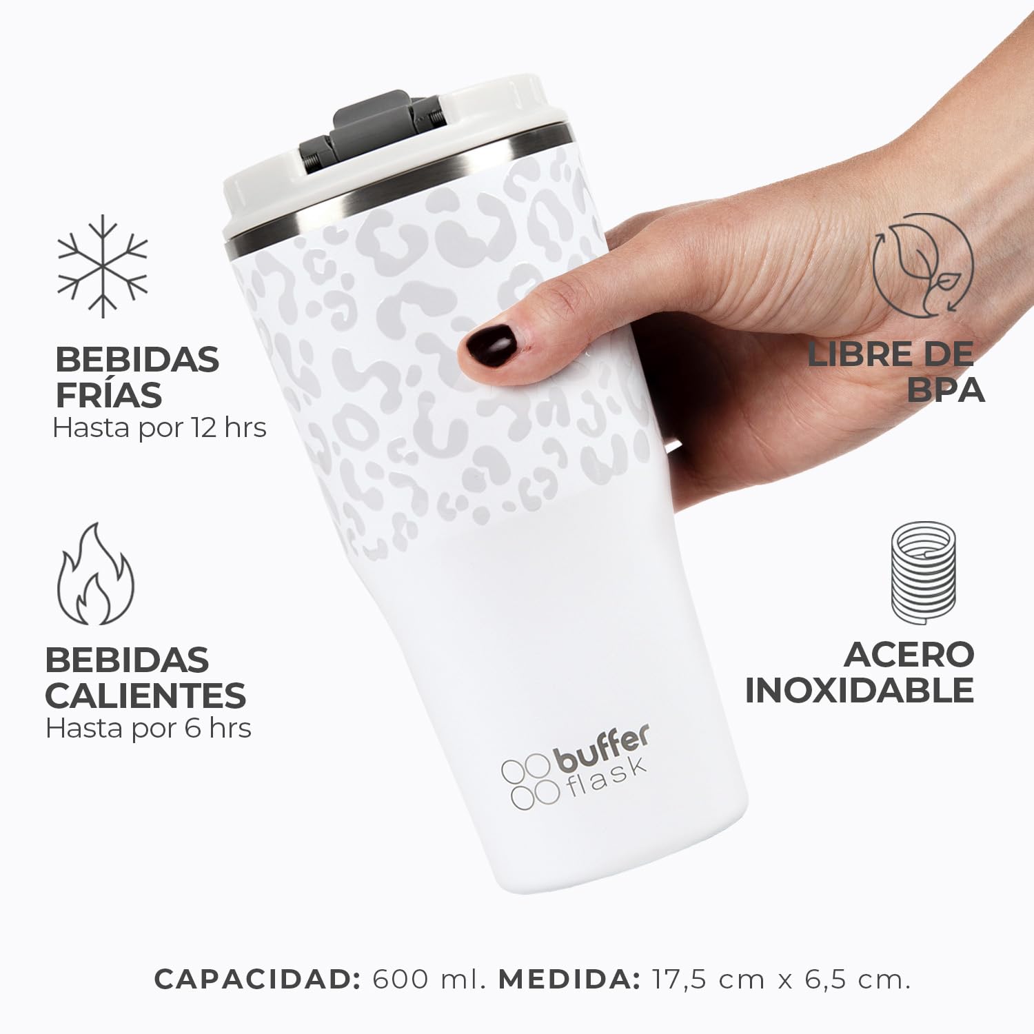 Buffer Flask - Vaso Térmico 600 ml - Termo para Café y Agua de Acero Inoxidable - Tapa Anti Derrame y Fugas - Taza Tumbler Mug para Bebidas Frías y Calientes - Incluye Popote - Color Leopardo Blanco