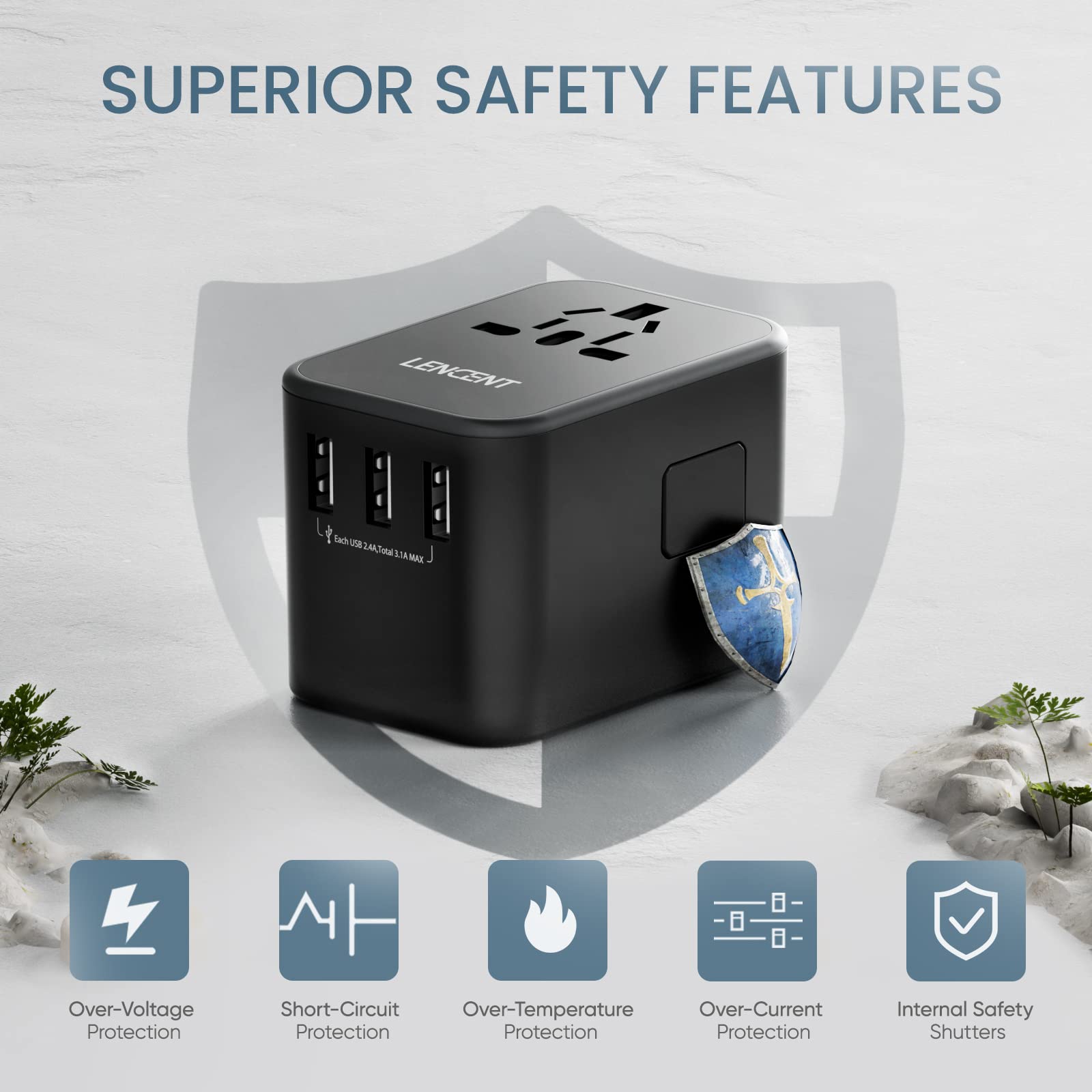 LENCENT Adaptador Universal de Viaje, Cargador Internacional con 3 Puertos USB & 2 PD USB-C, Adaptador Cargador Europeo con Enchufe Tipo A/C/G/I para USA/UE/Reino Unido/Australia/Argentina/China