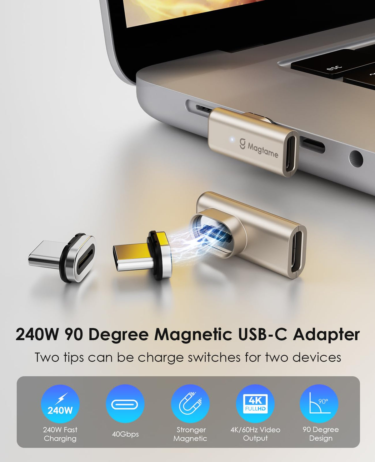 Adaptador USB C Magtame Ángulo Recto Magnético 240W 40Gbps 4K 2 en 1