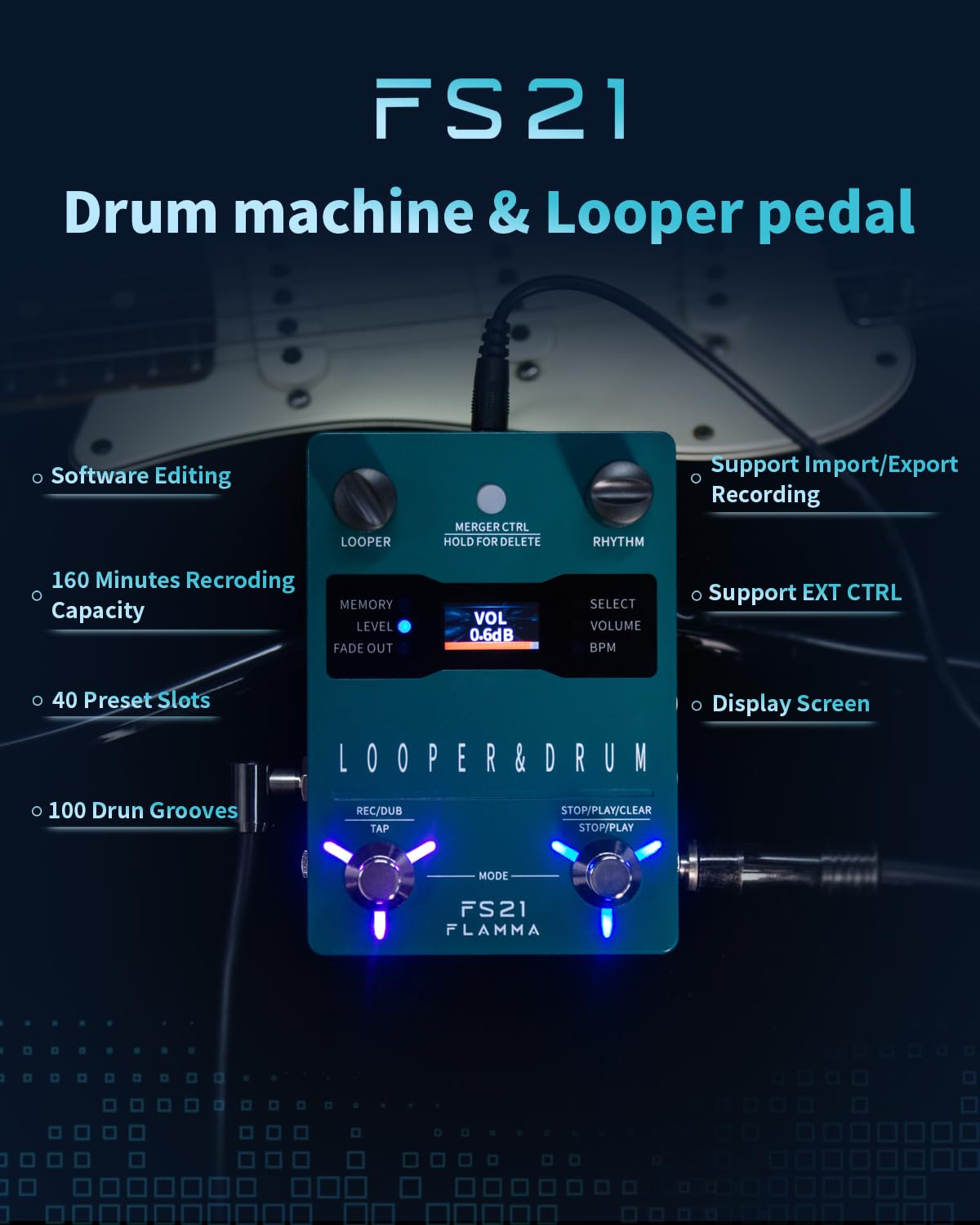 Máquina de Pedal Estéreo FLAMMA FS21 Generador de Bucle para Guitarra y Batería con Pantalla y Capacidad de Grabación en Bucle de 160 Minutos