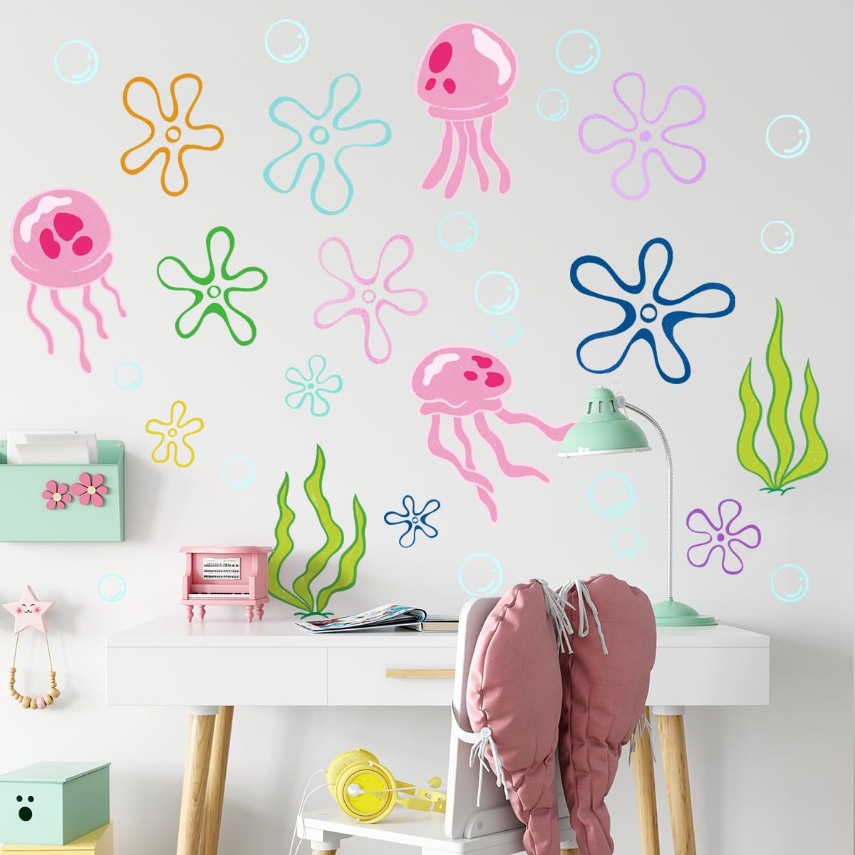 Calcomanías de pared con burbujas de medusas bajo el mar, calcomanías de pared debajo del mar, vinilo extraíble debajo del mar, calcomanías de pared subacuáticas para bebé, cuarto de estar, oficina
