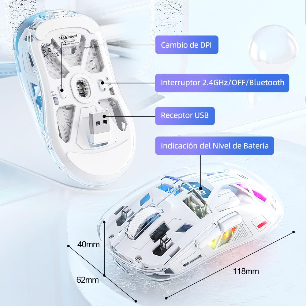 Free Wolf Mouse Inalámbrico A2, Bluetooth y 2.4GHZ Dual Modos, Ratón Recargable con Pantalla de Batería, 4000DPI Ajustable Transparente RGB Mouse Gamer