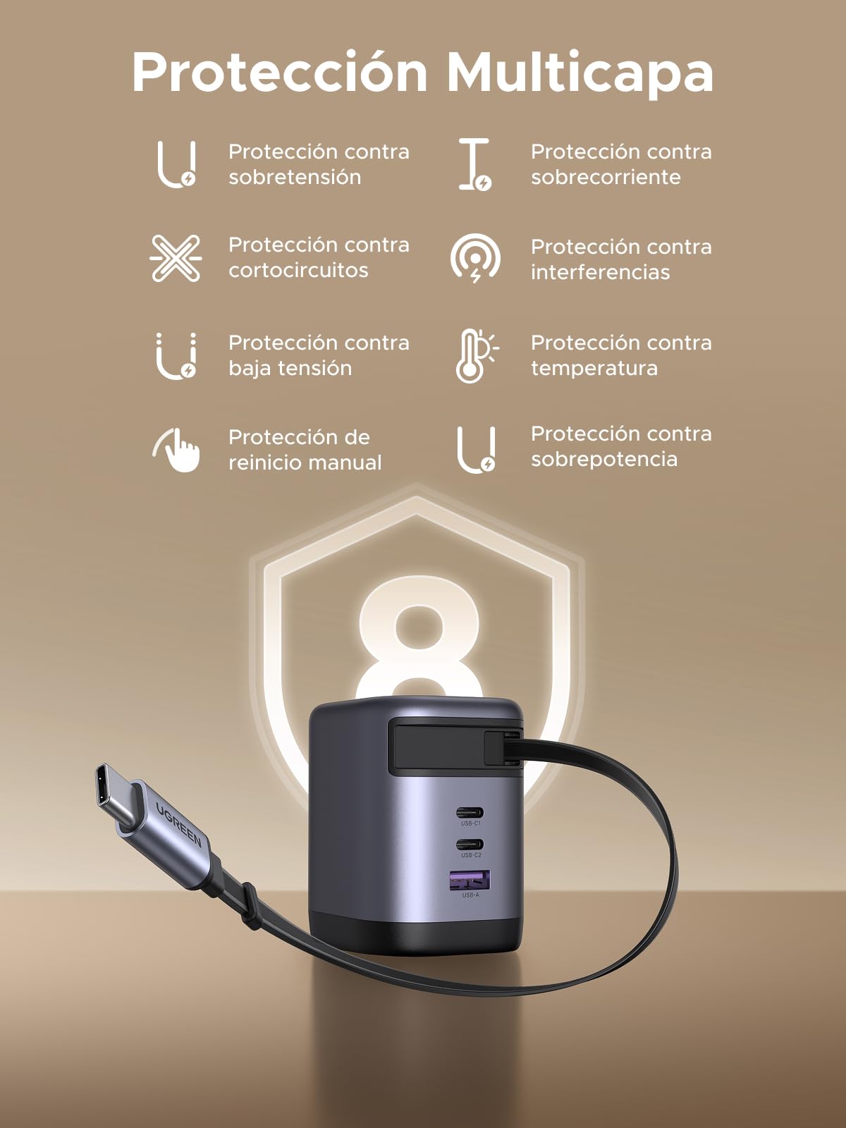 Cargador GAN UGREEN 100W con Cable Retráctil Blanco para Carga Rápida PD 3.0 con 3 Puertos 2C1A