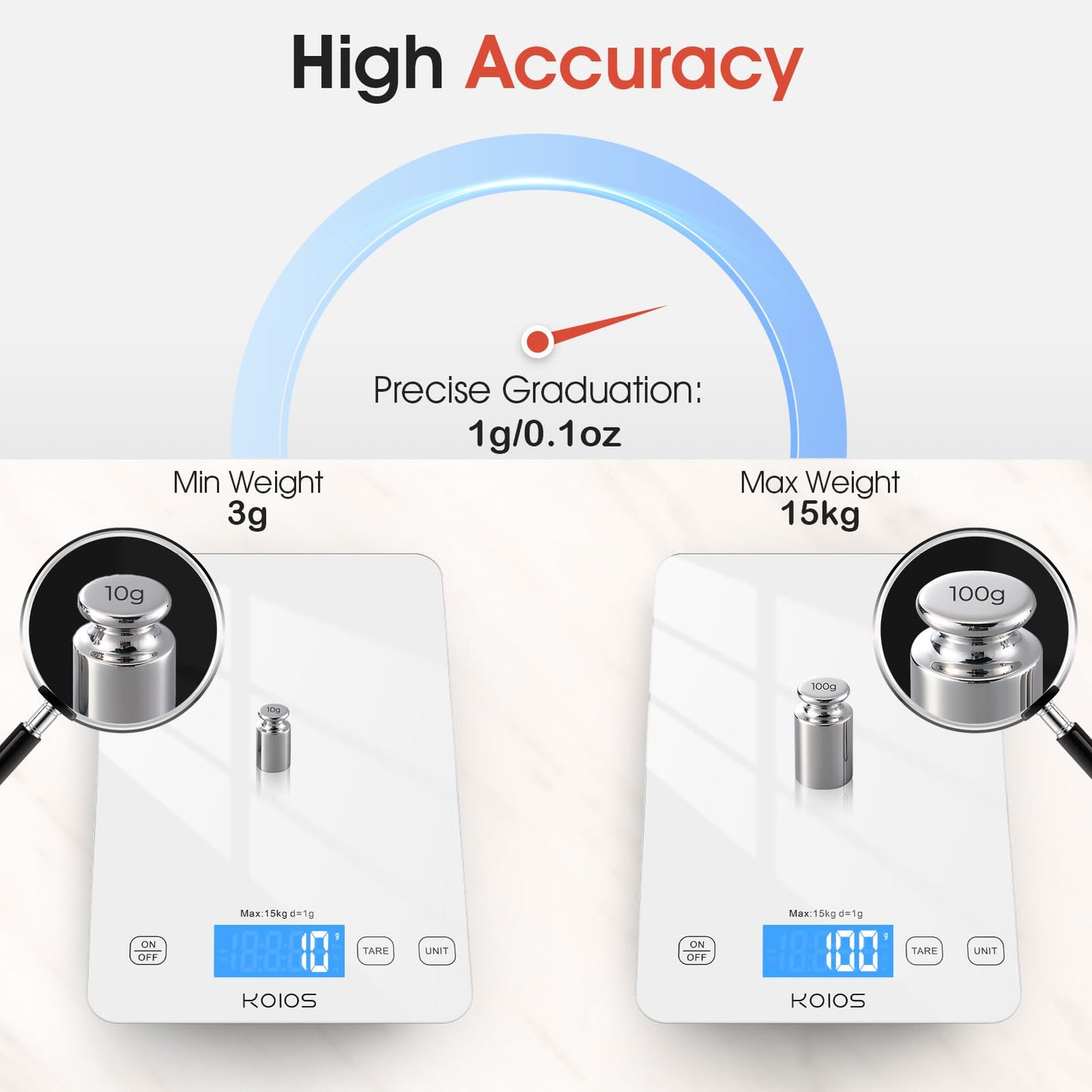 KOIOS Báscula de cocina, 33 lb/15 kg Báscula digital de alimentos de peso en gramos y onzas para cocinar hornear, graduación precisa, baterías y carga tipo C, función tara, visualización LCD, blanco