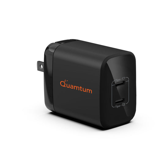 Cargador USB C GAN Portátil QUAMTUM PERSONAL AUDIO Blanco 45W con Carga Rápida y 2 Puertos para Galaxy, iPhone, Pixel y Huawei