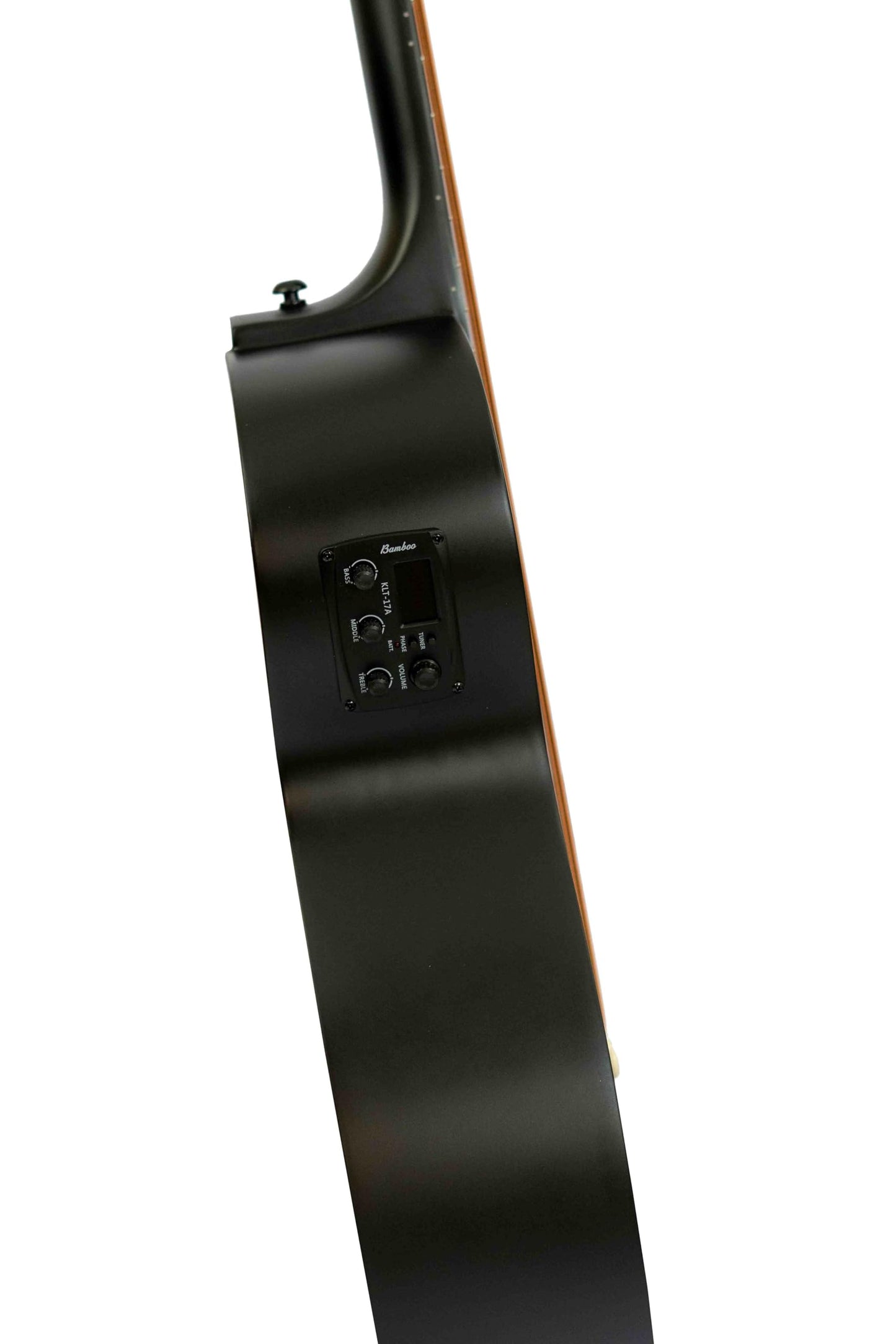 BAMBOO, Bajo Electroacústico Negro Escala Larga de 40 pulgadas, con funda, madera Linden y ecualizador de 3 bandas, control de volumen y afinador cromático. Tapa, aros y fondo de Linden.