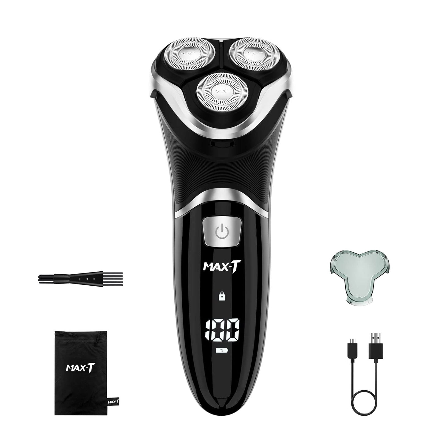 MAX-T Electric Shaver USB Quick Charge Rotary Shaver Digital Display Battery Usage Smart Travel Lock 100% Waterproof Wet & Dry Shave (8101A with USB Cable)