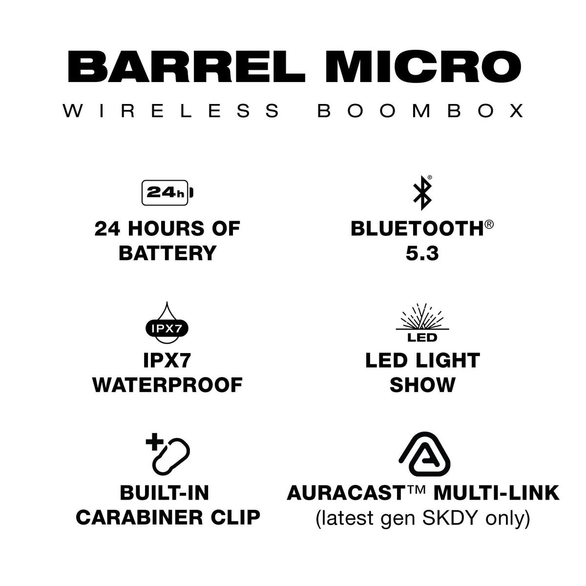 Altavoz Bluetooth Portátil Skullcandy Negro con Mosquetón y Correa Integrados, IPX7 Impermeable, Powerbank USB-C, Auracast Multi-Speaker Link y LED Lightshow