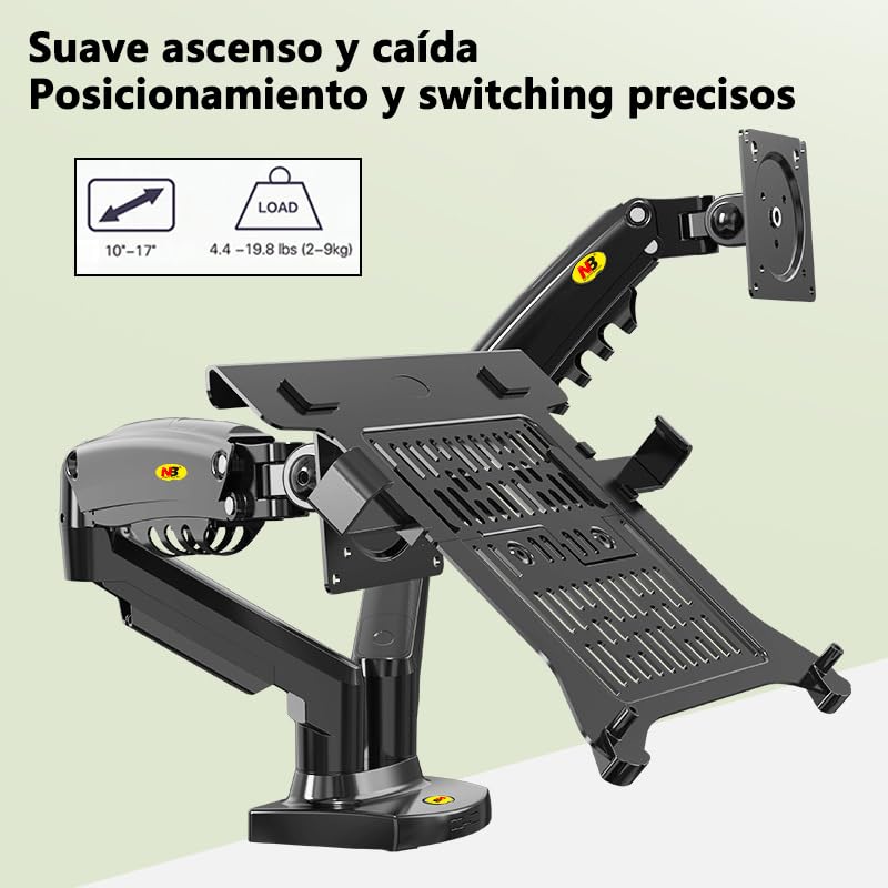 Soporte para Monitor y Laptop MORNWELL Negro con Brazos Hidráulicos para Pantallas de 17 a 27 Pulgadas y Bandeja Ajustable para Portátil de 10 a 17 Pulgadas