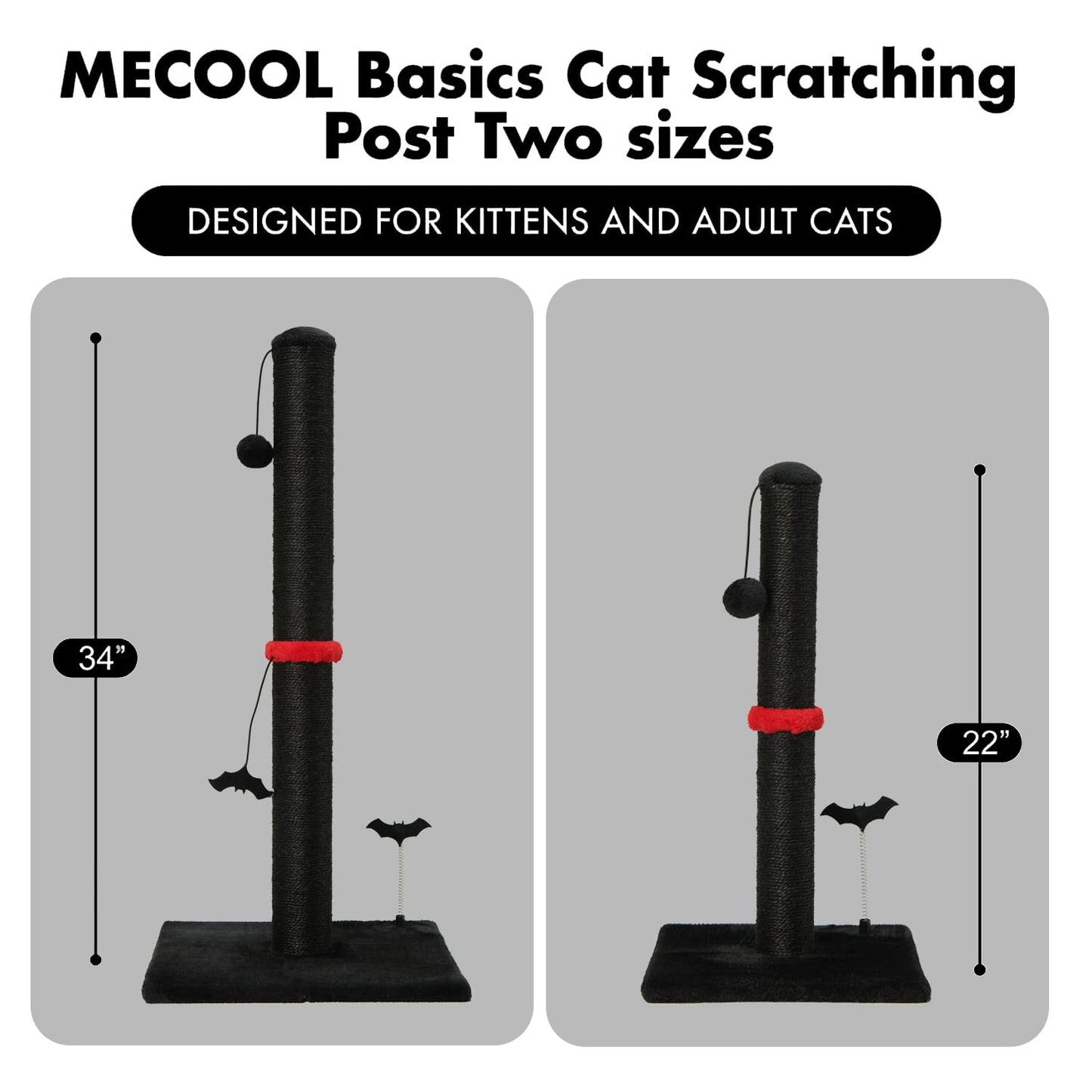 Poste Rascador de Sisal MECOOL Negro con Bola Colgante para Gatos Adultos y Gatitos de Interior