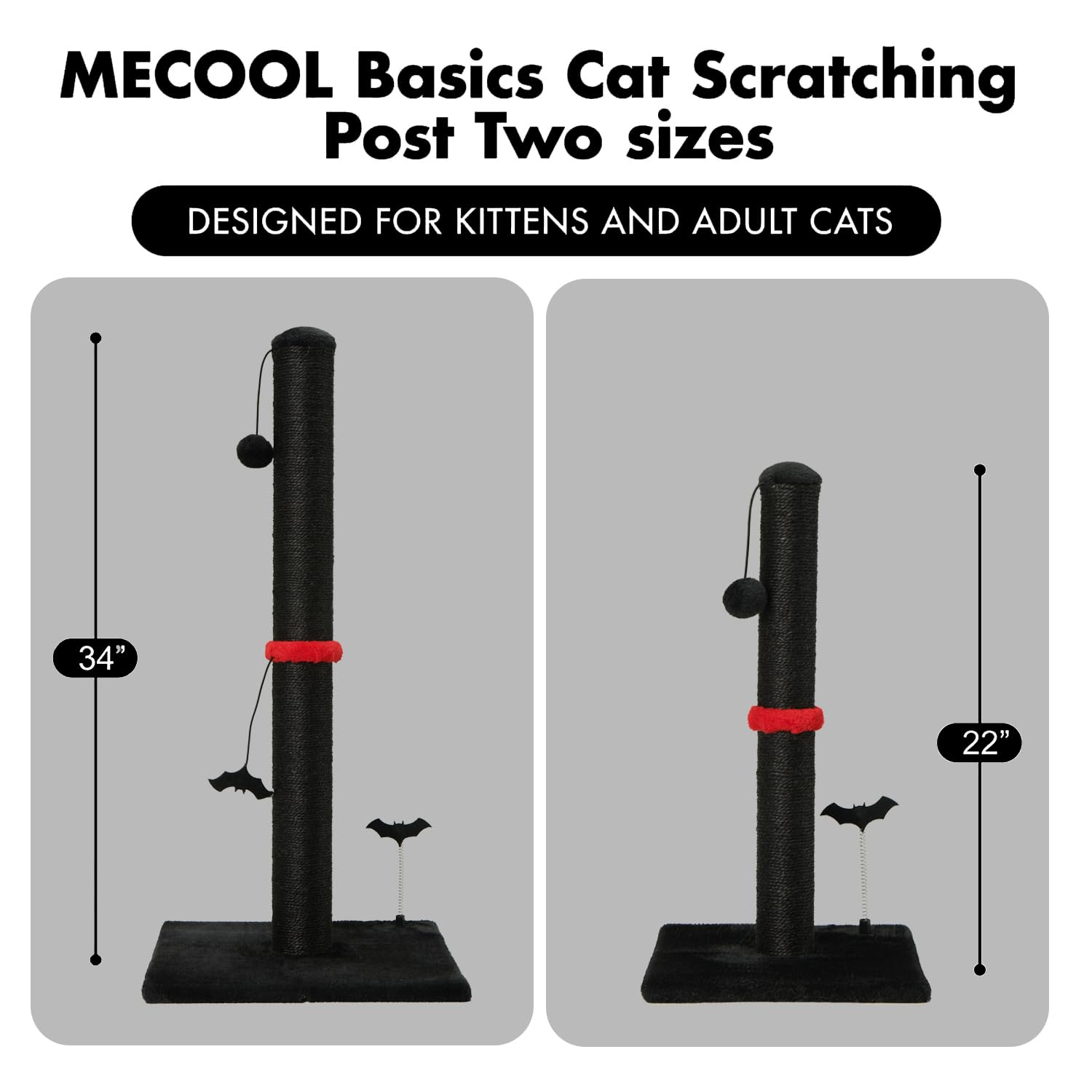 Poste Rascador de Sisal MECOOL Negro con Bola Colgante para Gatos Adultos y Gatitos de Interior