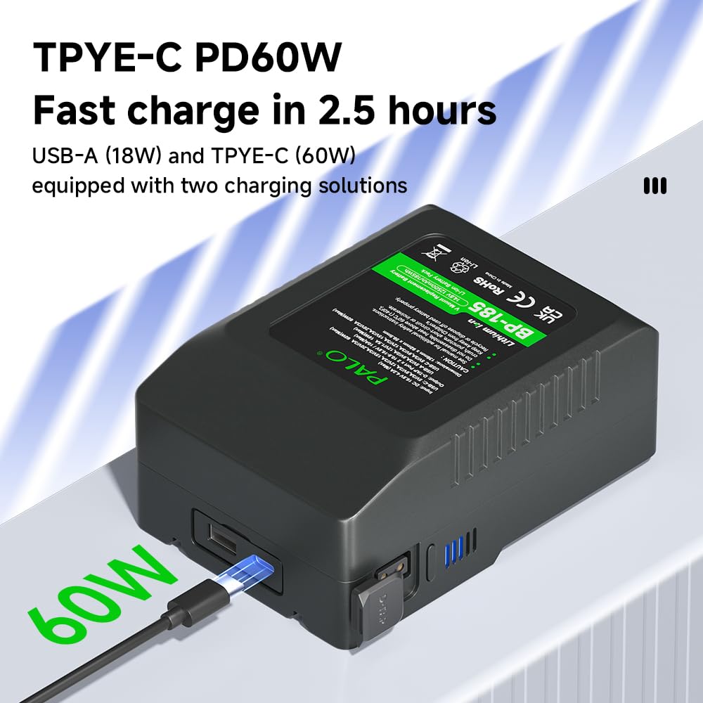 Batería V-Mount/V-Lock de 12500mAh 185Wh Paquete de 2, Batería Recargable Li-Ion con PD USB-C Cargador Rápido para Sony HDCAM, XDCAM, Broadcast Video cámara videocámara Monitor