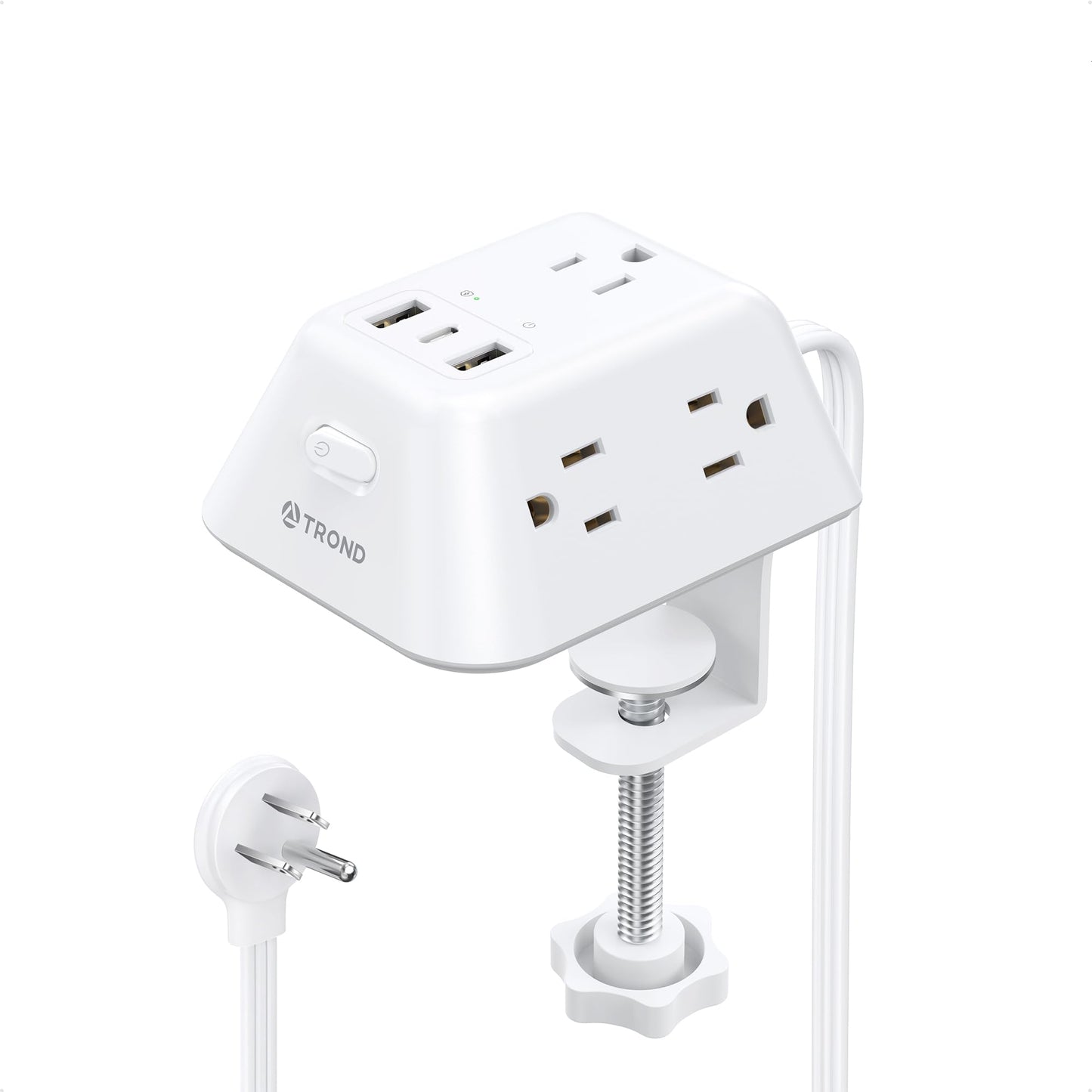 TROND Regleta Multicontacto con Abrazadera 1.8M, 5 Tomas AC y 3 Puertos USB, Protector de Sobretensión, Montaje en Escritorio, Apto para Mesas de 1.97", Ideal para Hogar, Oficina y Juegos,Blanco