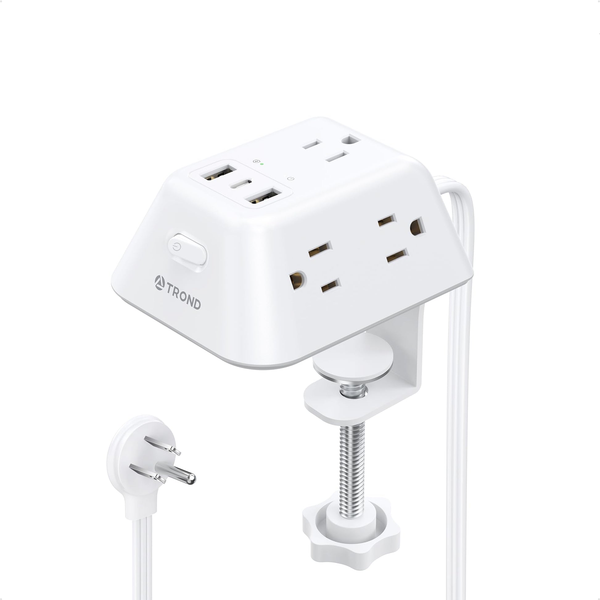 TROND Regleta Multicontacto con Abrazadera 1.8M, 5 Tomas AC y 3 Puertos USB, Protector de Sobretensión, Montaje en Escritorio, Apto para Mesas de 1.97", Ideal para Hogar, Oficina y Juegos,Blanco