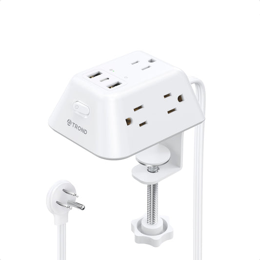 TROND Regleta Multicontacto con Abrazadera 1.8M, 5 Tomas AC y 3 Puertos USB, Protector de Sobretensión, Montaje en Escritorio, Apto para Mesas de 1.97", Ideal para Hogar, Oficina y Juegos,Blanco
