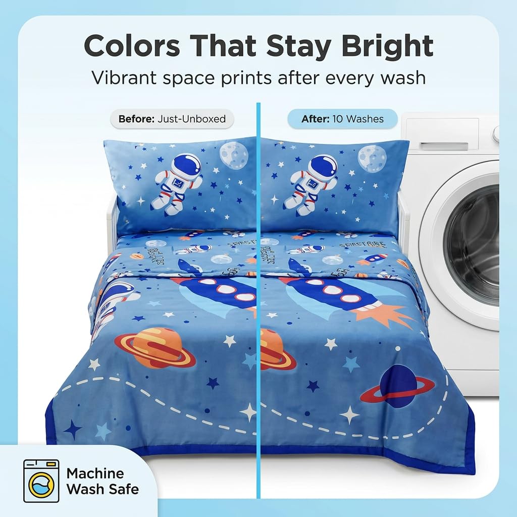 EVERYDAY KIDS - Juego de ropa de cama de 4 piezas para niños pequeños, incluye edredón, sábana encimera, sábana bajera y funda de almohada reversible