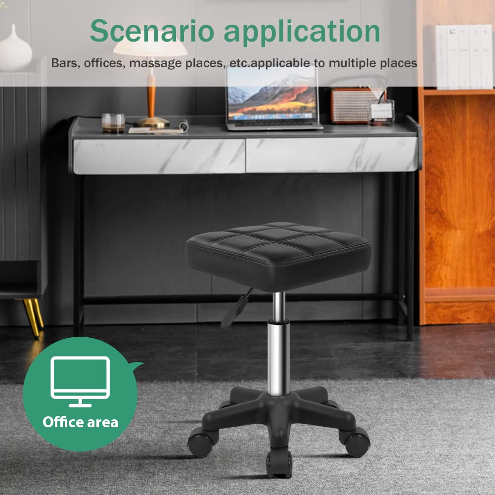 FURWOO - Taburete giratorio cuadrado con ruedas, taburete de poliuretano con ruedas y altura ajustable, para spa, salón de masaje, color negro