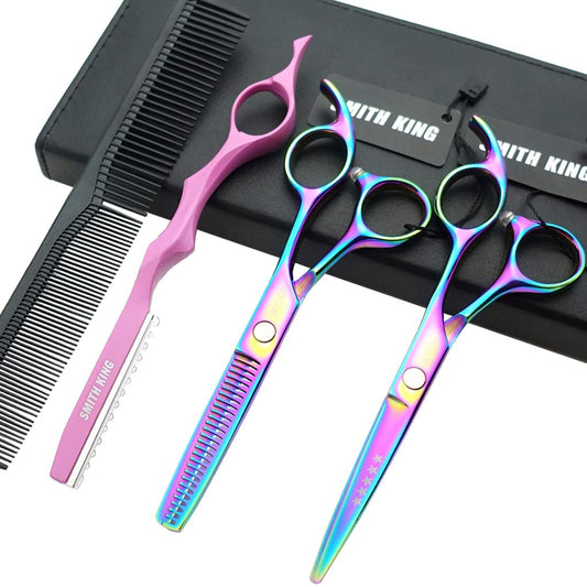 Juego de tijeras de corte de pelo de 12,7 cm con estuche de tijera de piel para corte de pelo, tijeras de adelgazamiento de cabello para personal y profesional (Raibow)