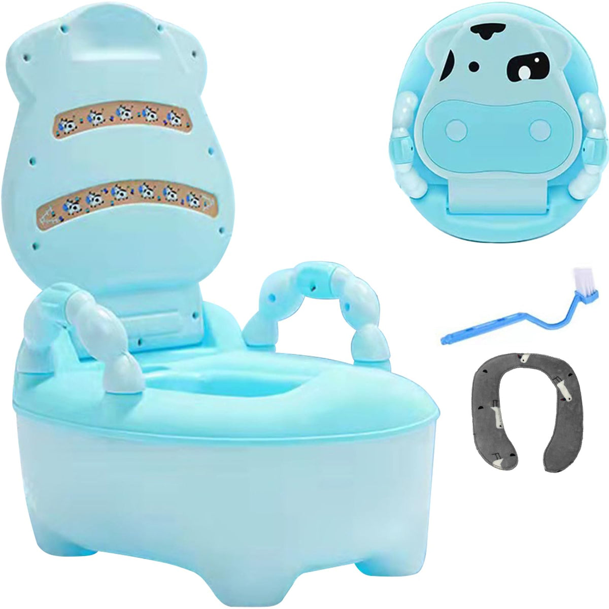 Fishlead Baño de Entrenamiento para Bebe, Asiento Entrenador para Baño Niño, Bacinica de Vaquita para Etapa de Desarrollo Infantil, Escusado con Asiento Acolchonado y Tapa, 1 Count (Azul)